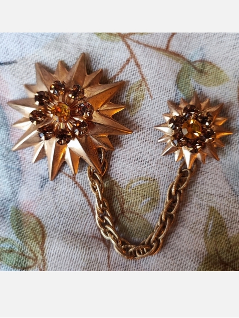 Unisex Vintage Dual Adornment Blazer Pin Brooch Gold Tone Topaz Stones Prong Set